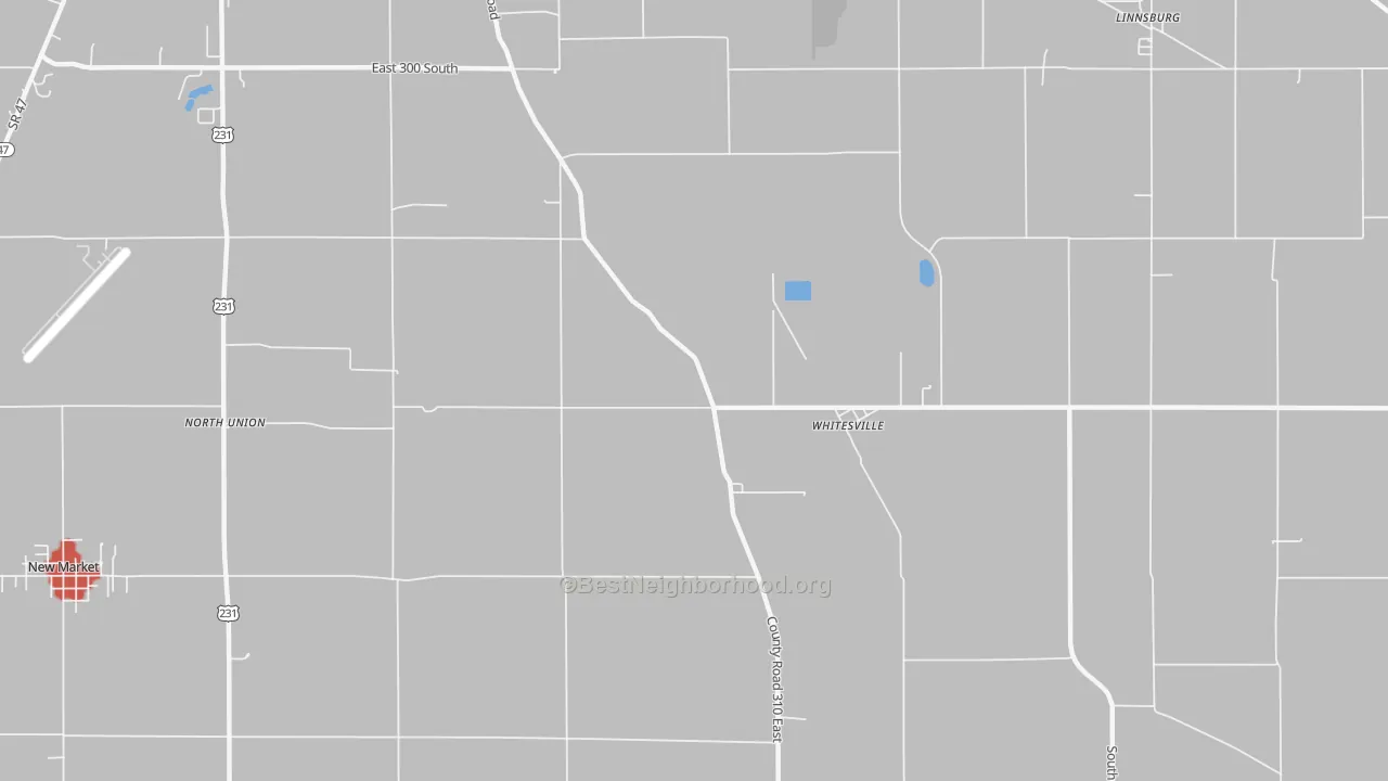 Walk Grade map of Whitesville, IN, walkable areas in green and car-dependent areas in red