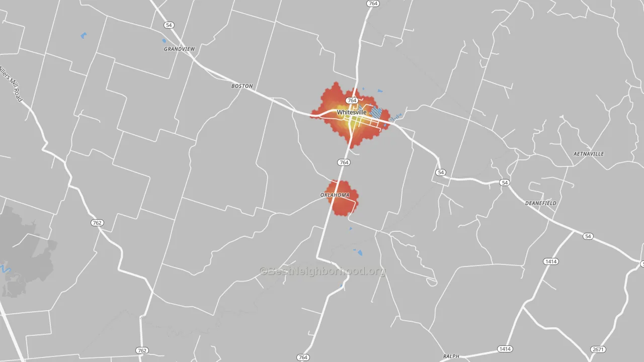 Walk Grade map of Whitesville, KY, walkable areas in green and car-dependent areas in red