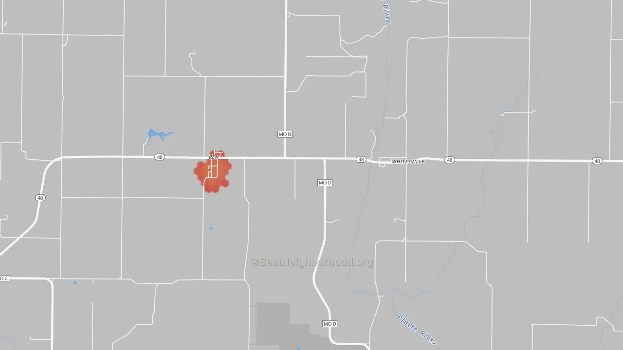 Walk Grade map of Whitesville, MO, walkable areas in green and car-dependent areas in red