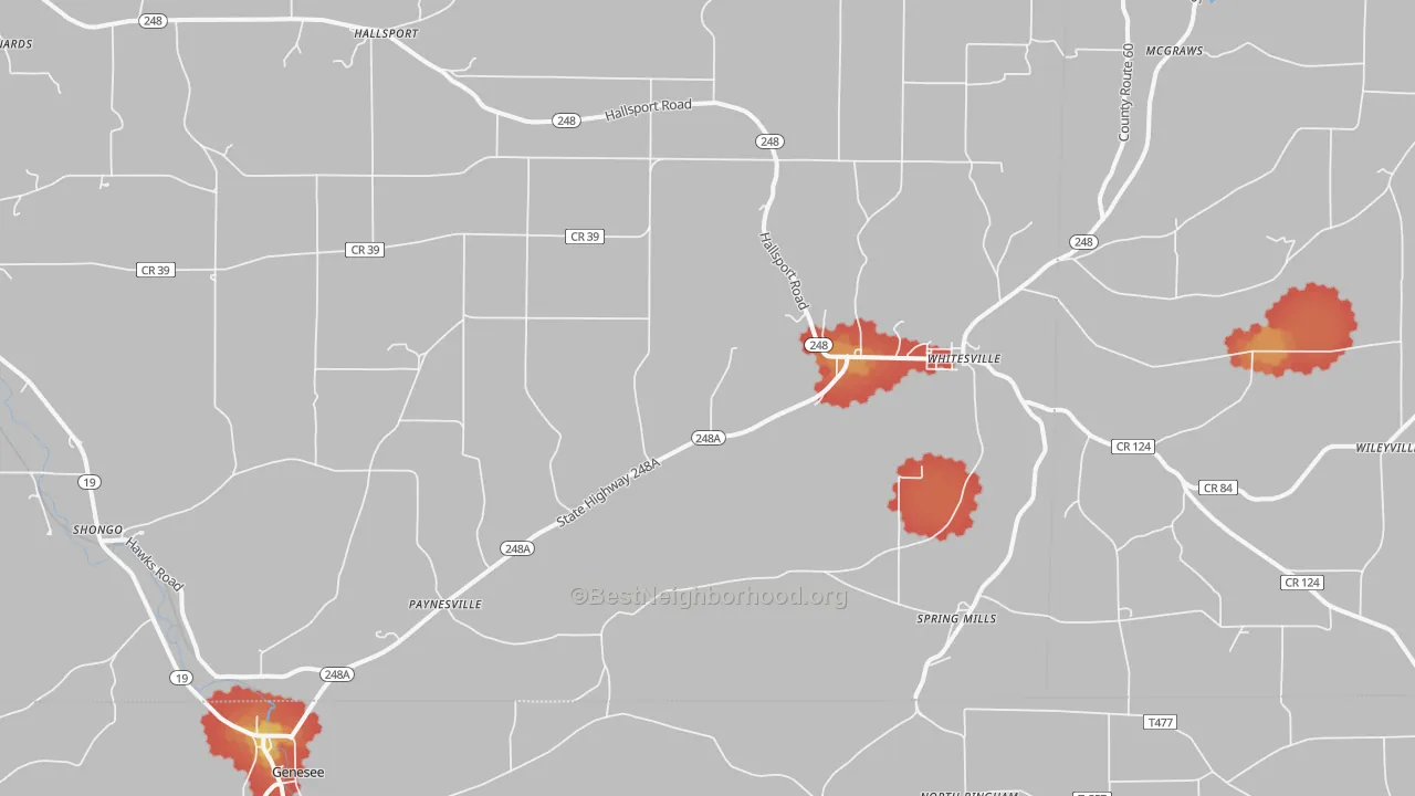 Walk Grade map of Whitesville, NY, walkable areas in green and car-dependent areas in red