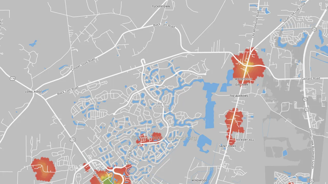 Walk Grade map of Whitesville, SC, walkable areas in green and car-dependent areas in red
