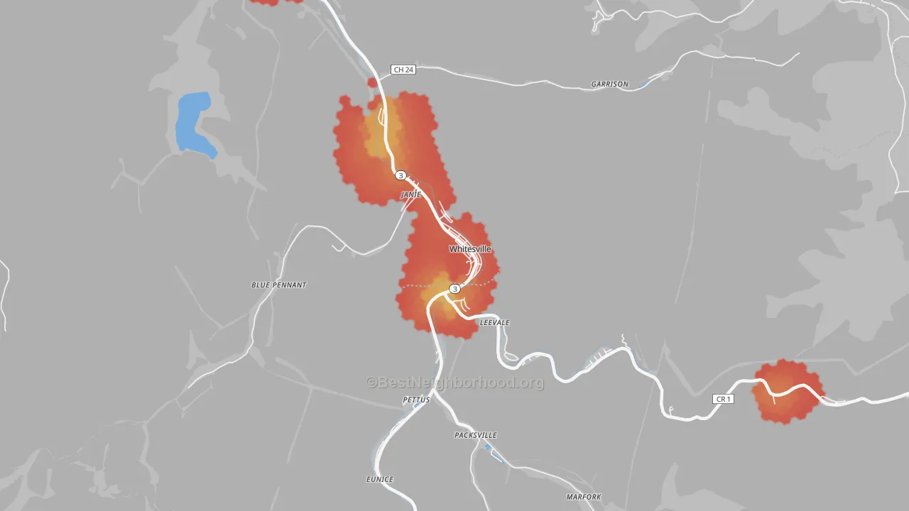 Walk Grade map of Whitesville, WV, walkable areas in green and car-dependent areas in red
