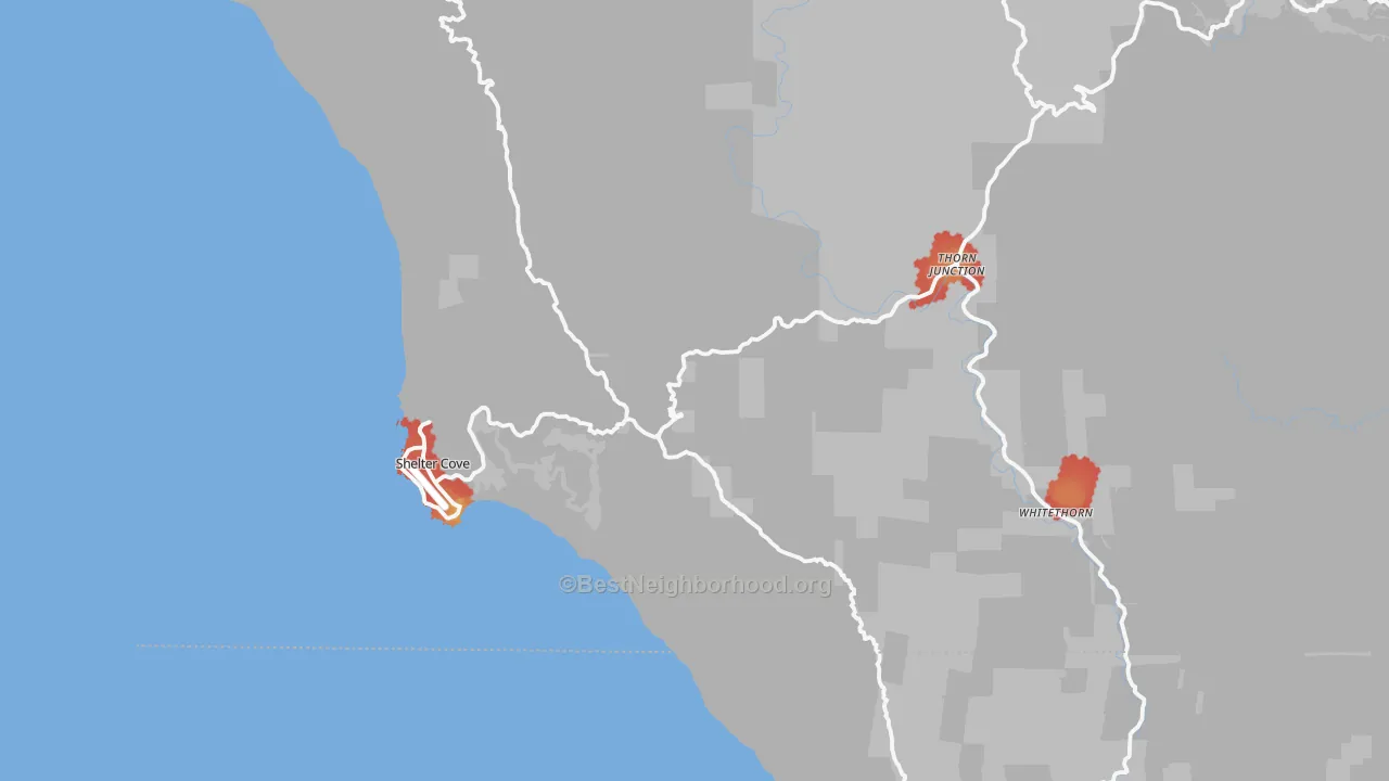 Walk Grade map of Whitethorn, CA, walkable areas in green and car-dependent areas in red
