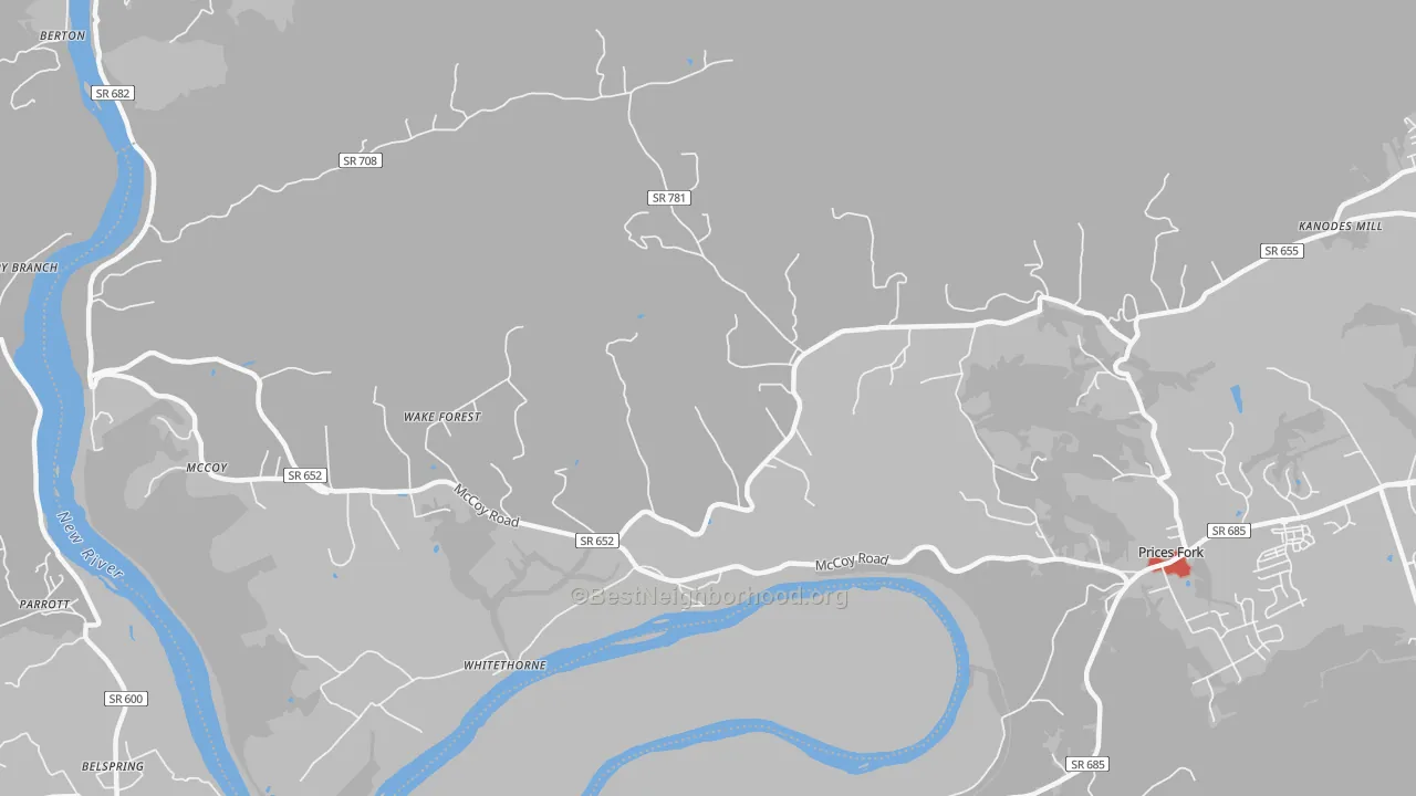 Walk Grade map of Whitethorne, VA, walkable areas in green and car-dependent areas in red