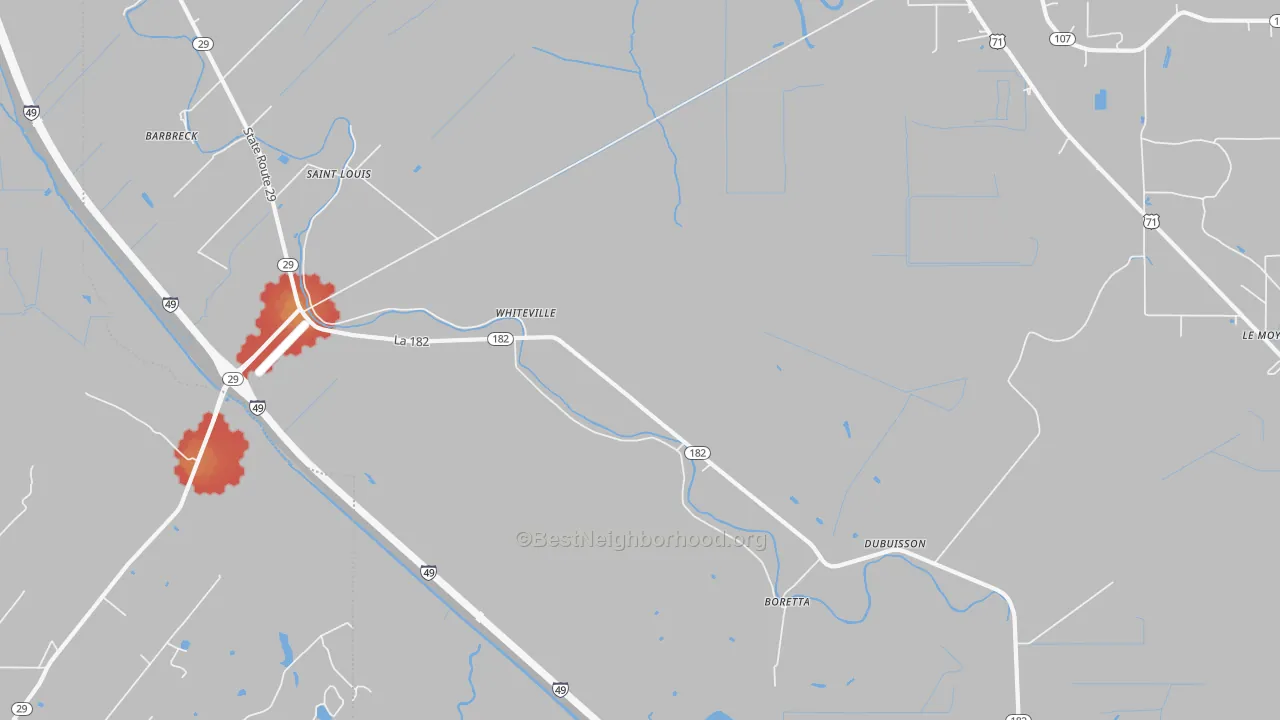 Walk Grade map of Whiteville, LA, walkable areas in green and car-dependent areas in red