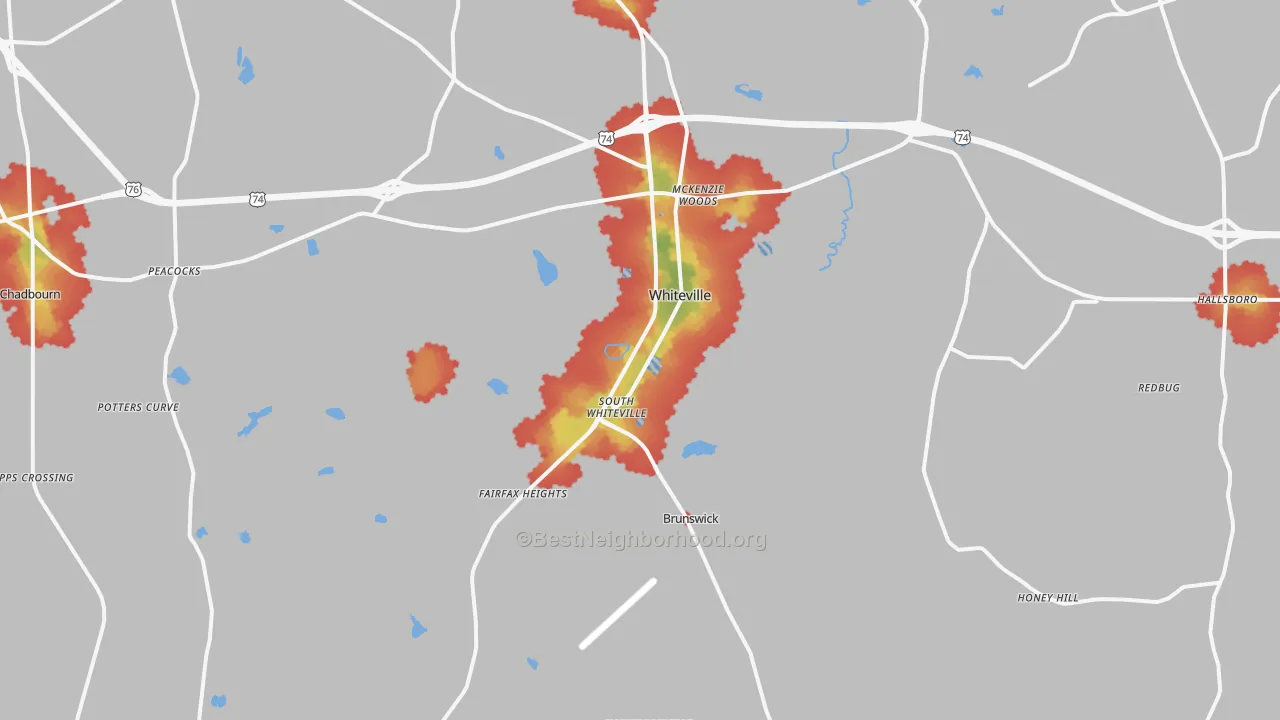 Walk Grade map of Whiteville, NC, walkable areas in green and car-dependent areas in red