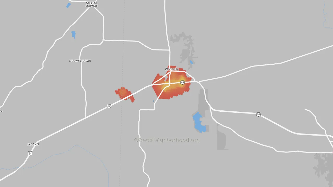 Walk Grade map of Whiteville, TN, walkable areas in green and car-dependent areas in red