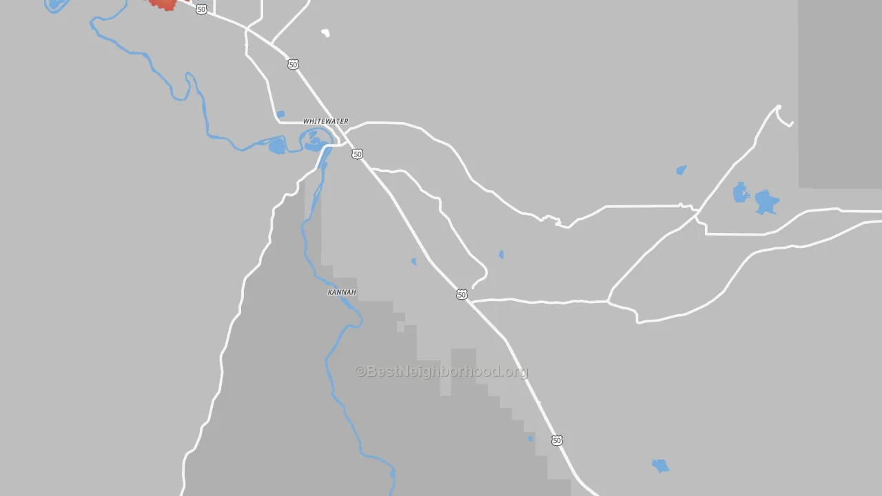 Walk Grade map of Whitewater, CO, walkable areas in green and car-dependent areas in red