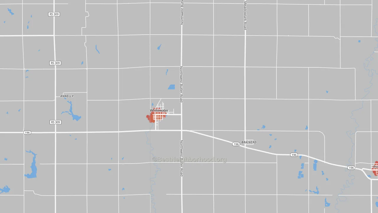Walk Grade map of Whitewater, KS, walkable areas in green and car-dependent areas in red