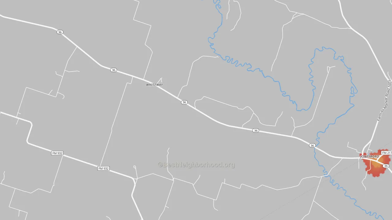 Walk Grade map of Whiteway, TX, walkable areas in green and car-dependent areas in red