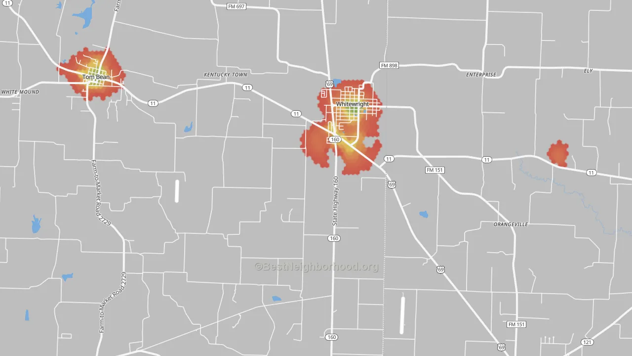 Walk Grade map of Whitewright, TX, walkable areas in green and car-dependent areas in red