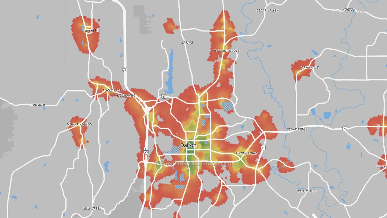 Walk Grade map of Whitfield County, GA, walkable areas in green and car-dependent areas in red