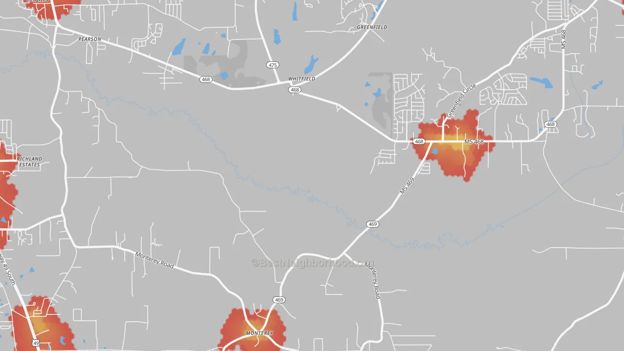 Walk Grade map of Whitfield, MS, walkable areas in green and car-dependent areas in red