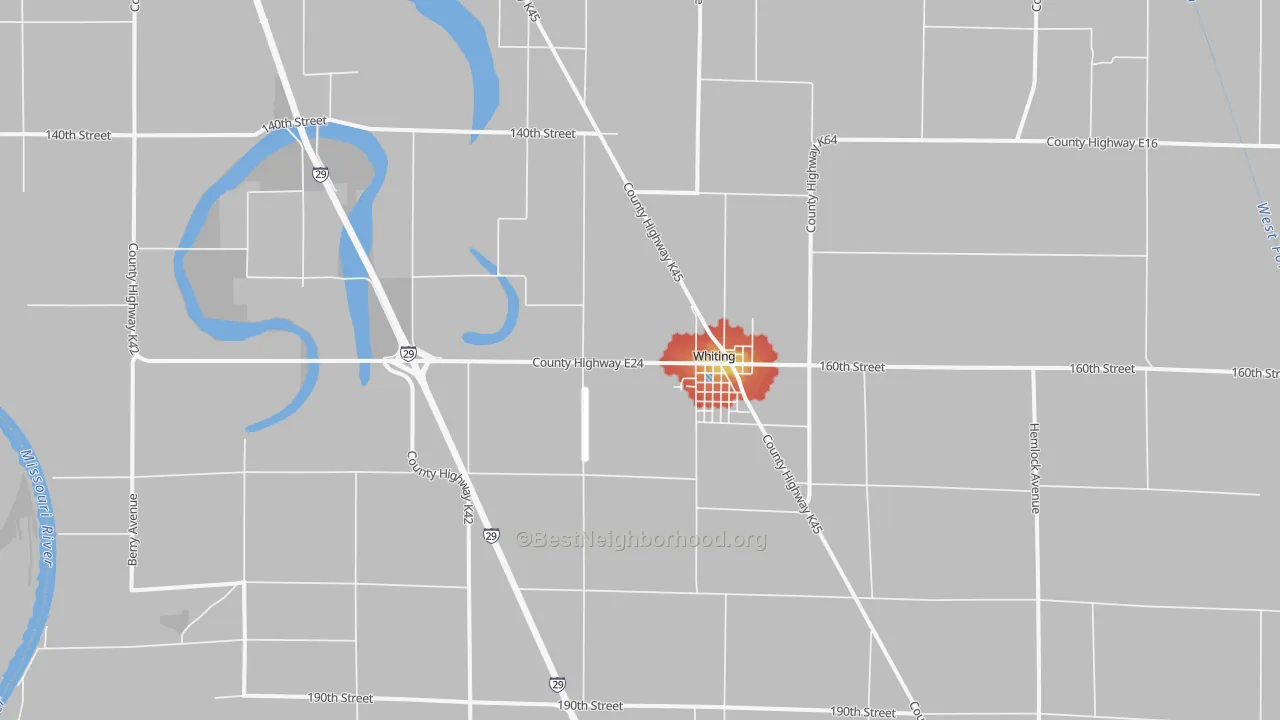 Walk Grade map of Whiting, IA, walkable areas in green and car-dependent areas in red