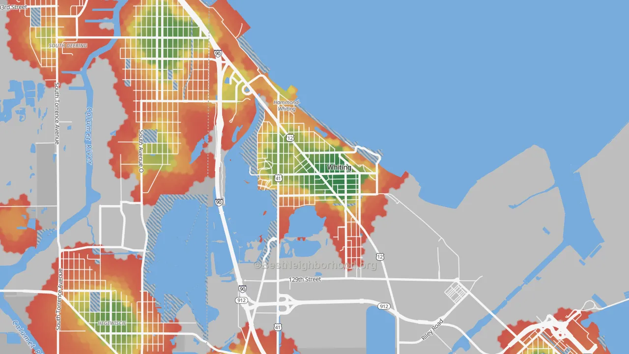 Walk Grade map of Whiting, IN, walkable areas in green and car-dependent areas in red