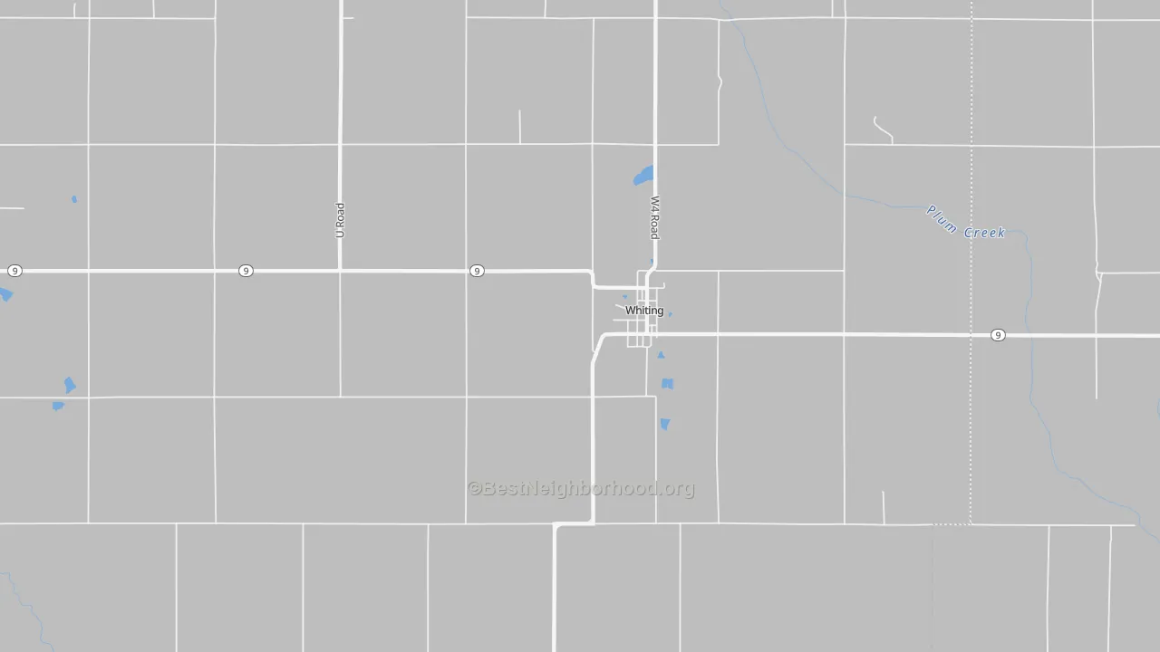 Walk Grade map of Whiting, KS, walkable areas in green and car-dependent areas in red