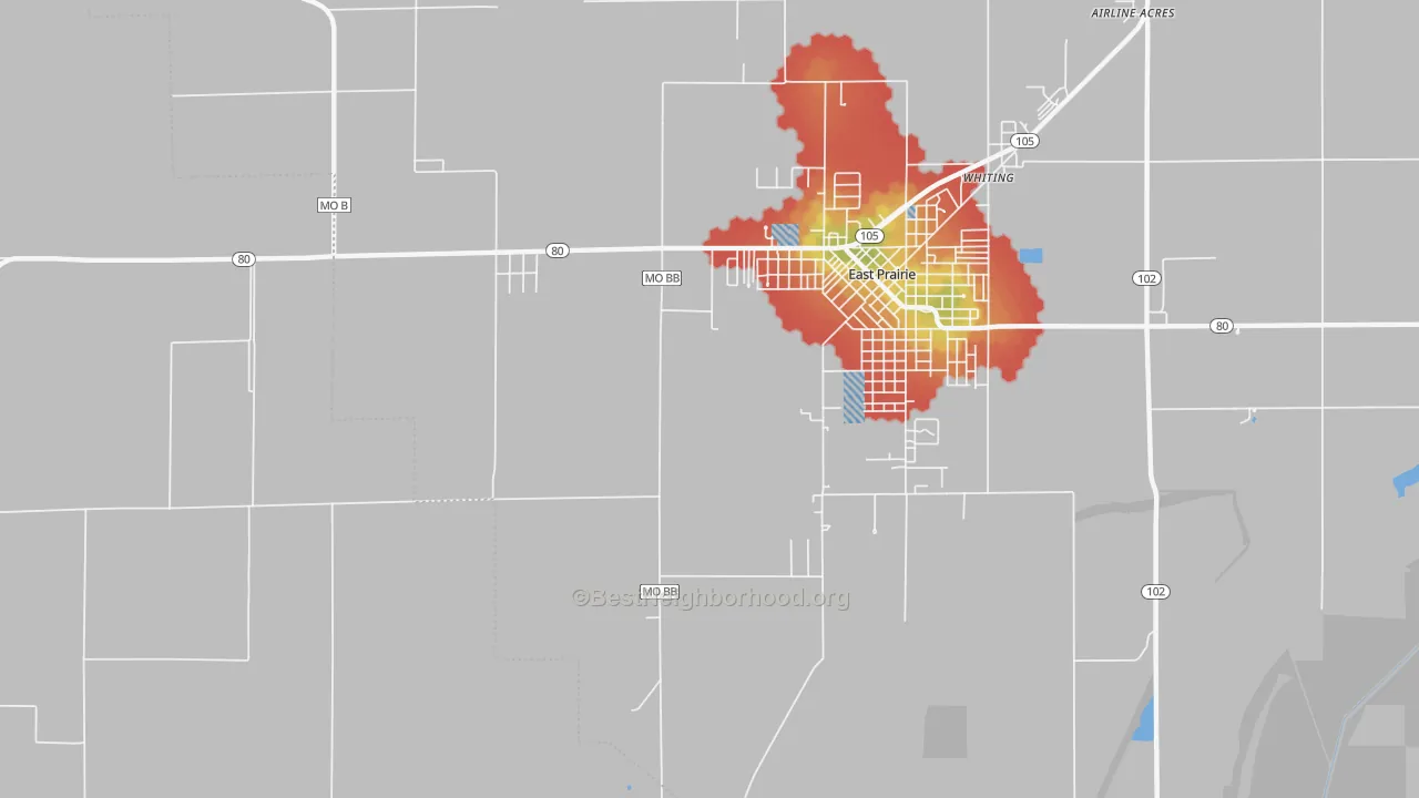 Walk Grade map of Whiting, MO, walkable areas in green and car-dependent areas in red