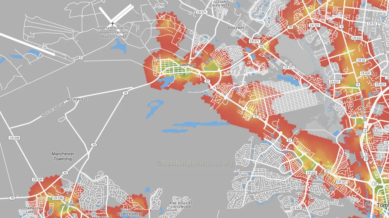 Walk Grade map of Whiting, NJ, walkable areas in green and car-dependent areas in red