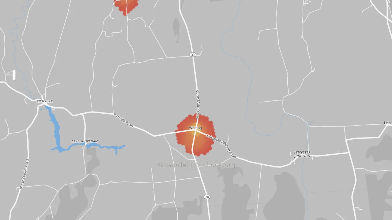 Walk Grade map of Whiting, VT, walkable areas in green and car-dependent areas in red