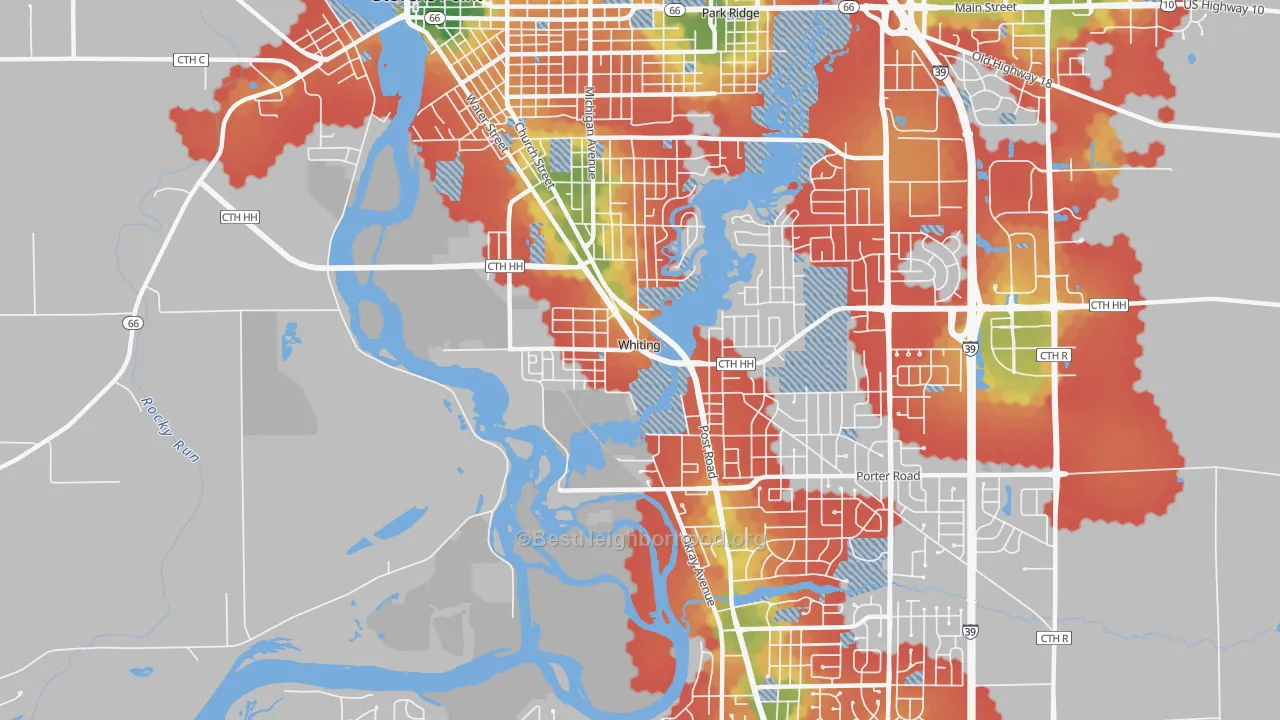 Walk Grade map of Whiting, WI, walkable areas in green and car-dependent areas in red