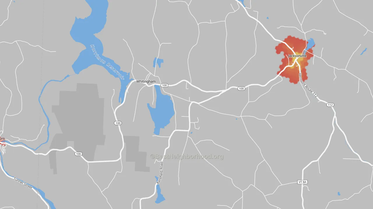 Walk Grade map of Whitingham, VT, walkable areas in green and car-dependent areas in red