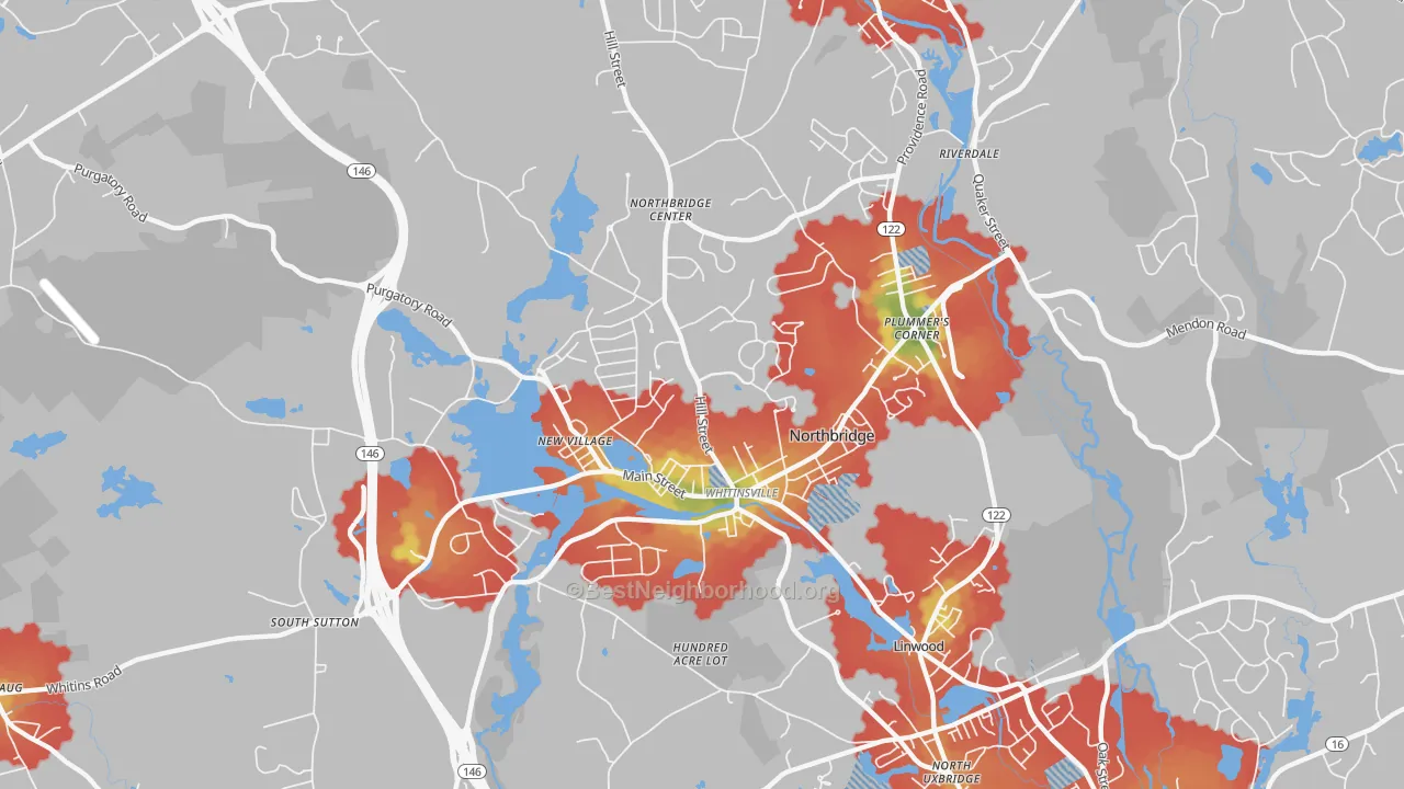 Walk Grade map of Whitinsville, MA, walkable areas in green and car-dependent areas in red