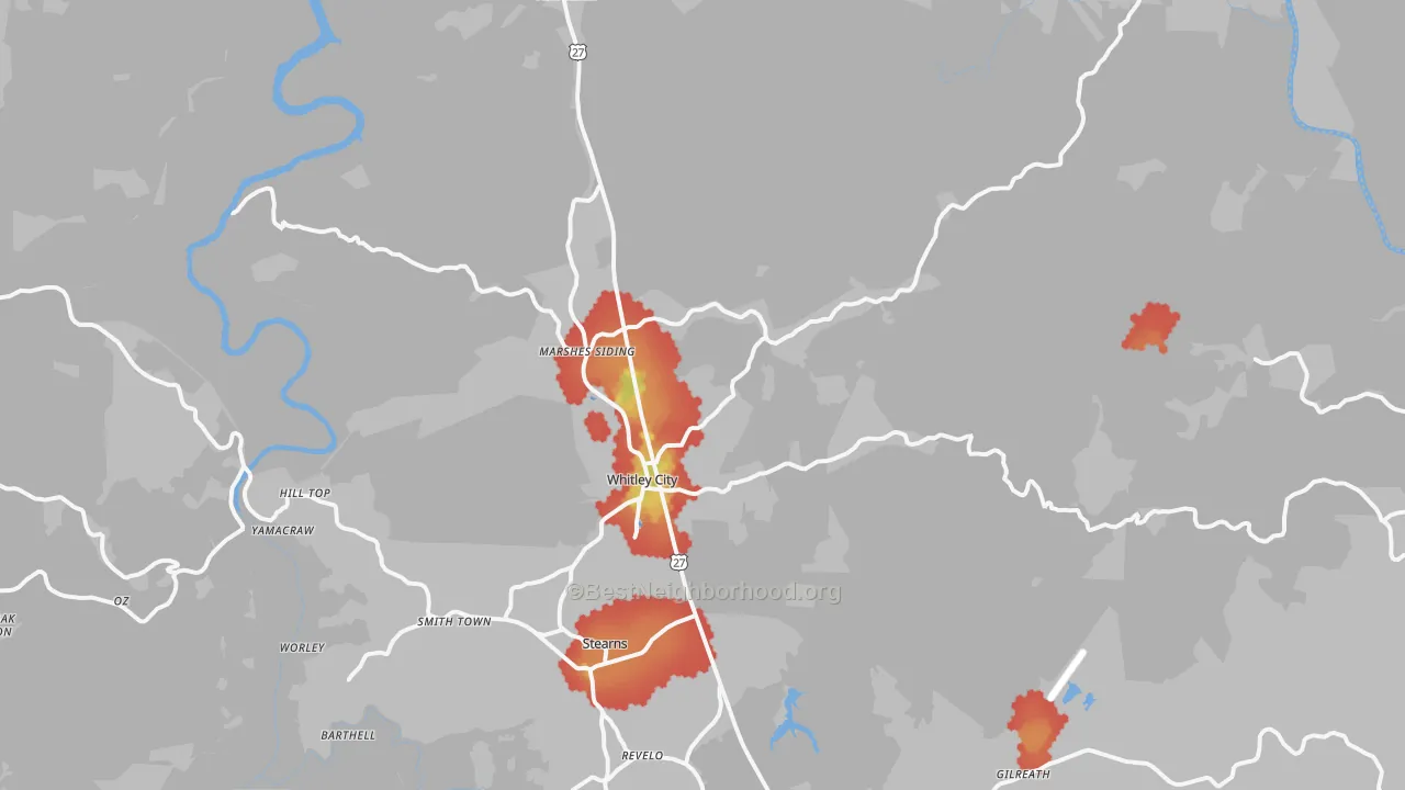 Walk Grade map of Whitley City, KY, walkable areas in green and car-dependent areas in red