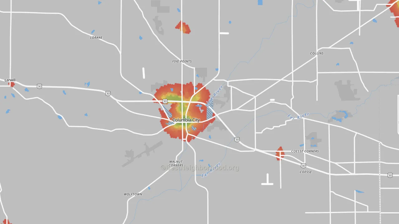 Walk Grade map of Whitley County, IN, walkable areas in green and car-dependent areas in red