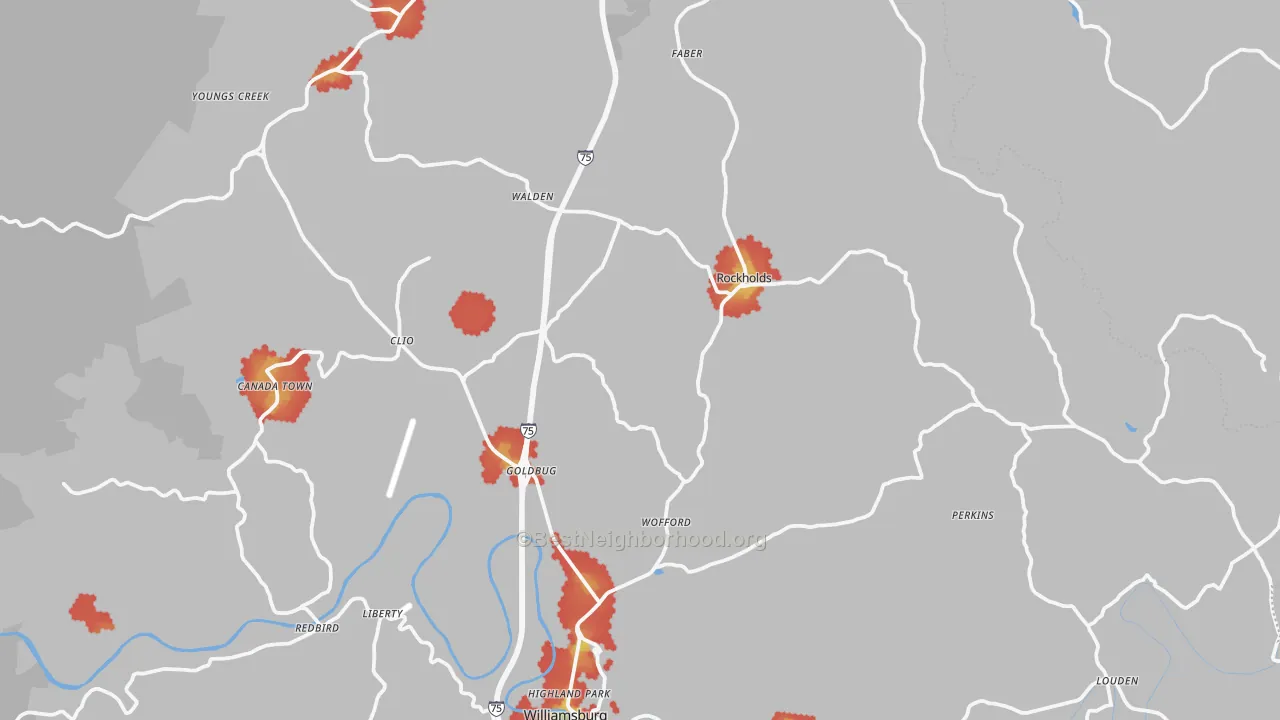 Walk Grade map of Whitley County, KY, walkable areas in green and car-dependent areas in red