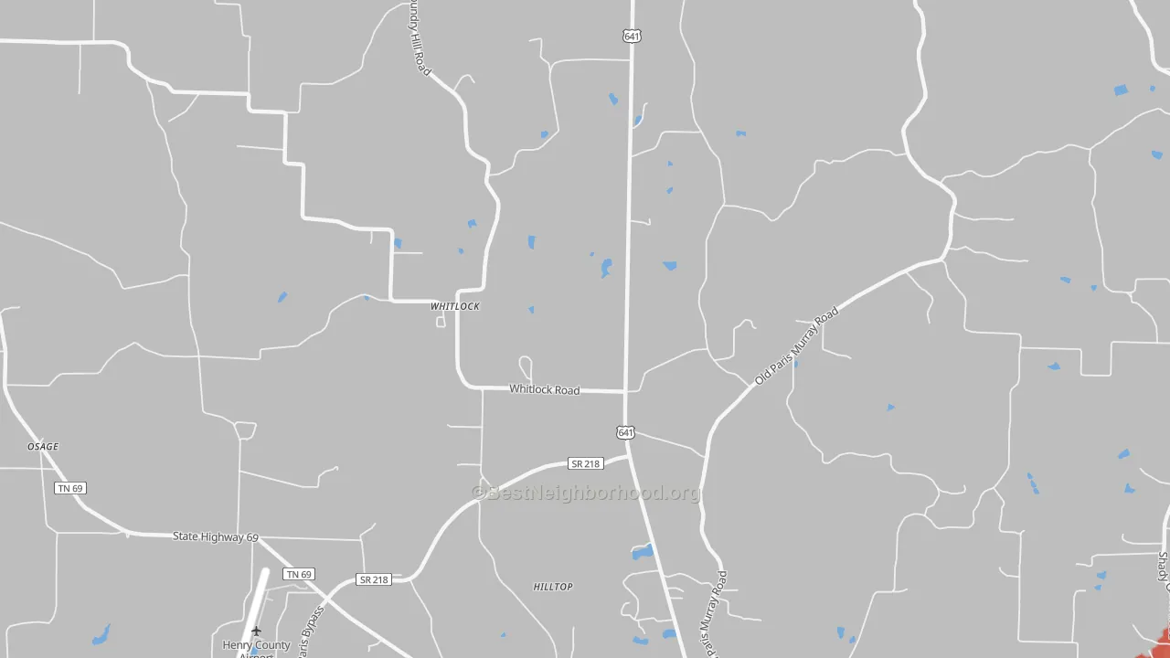 Walk Grade map of Whitlock, TN, walkable areas in green and car-dependent areas in red