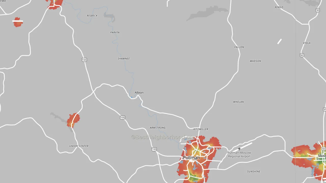 Walk Grade map of Whitman County, WA, walkable areas in green and car-dependent areas in red