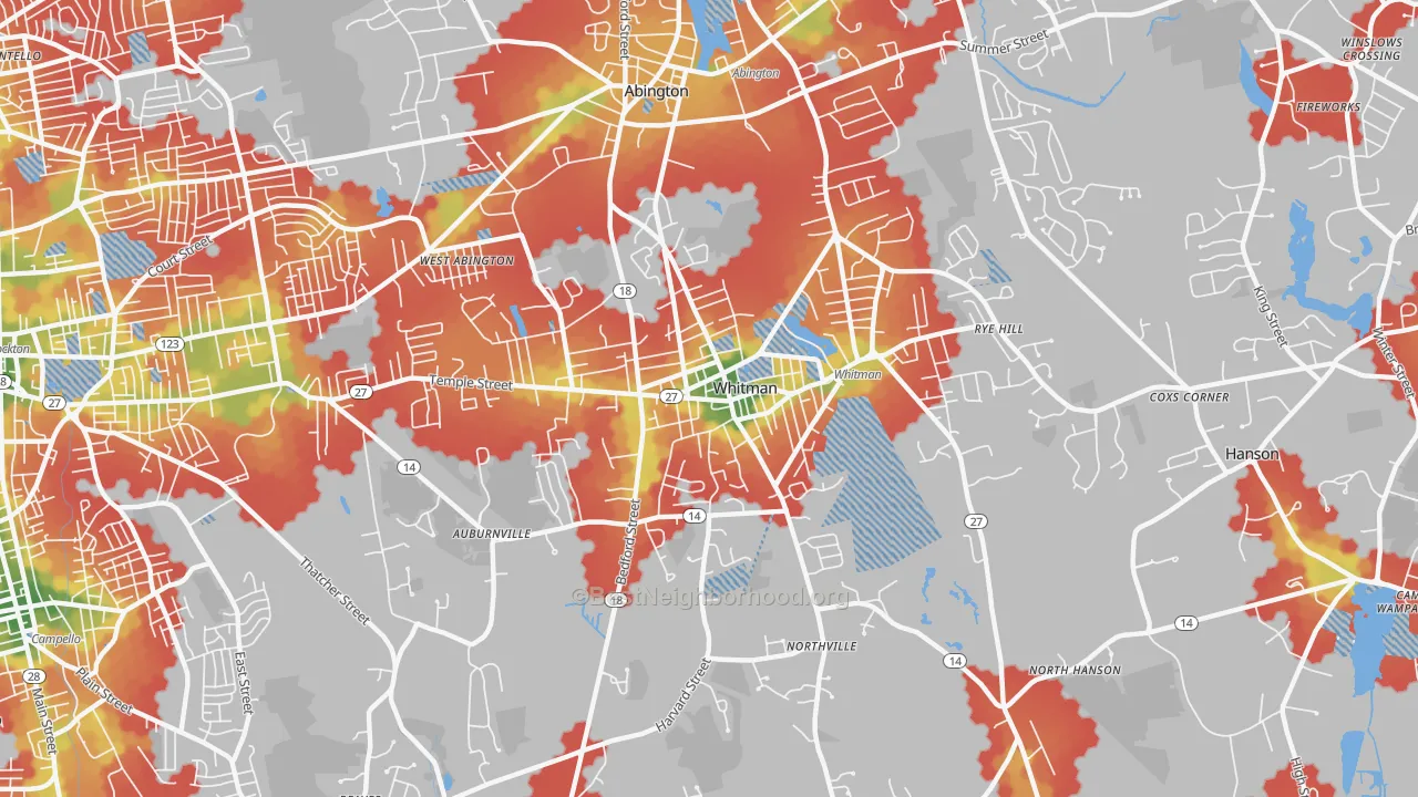 Walk Grade map of Whitman, MA, walkable areas in green and car-dependent areas in red