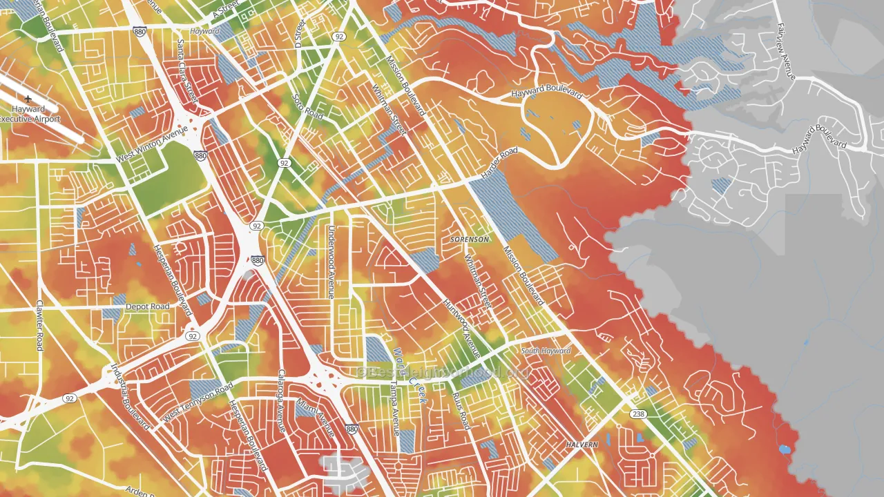 Walk Grade map of Whitman-Mocine, Hayward, CA, walkable areas in green and car-dependent areas in red