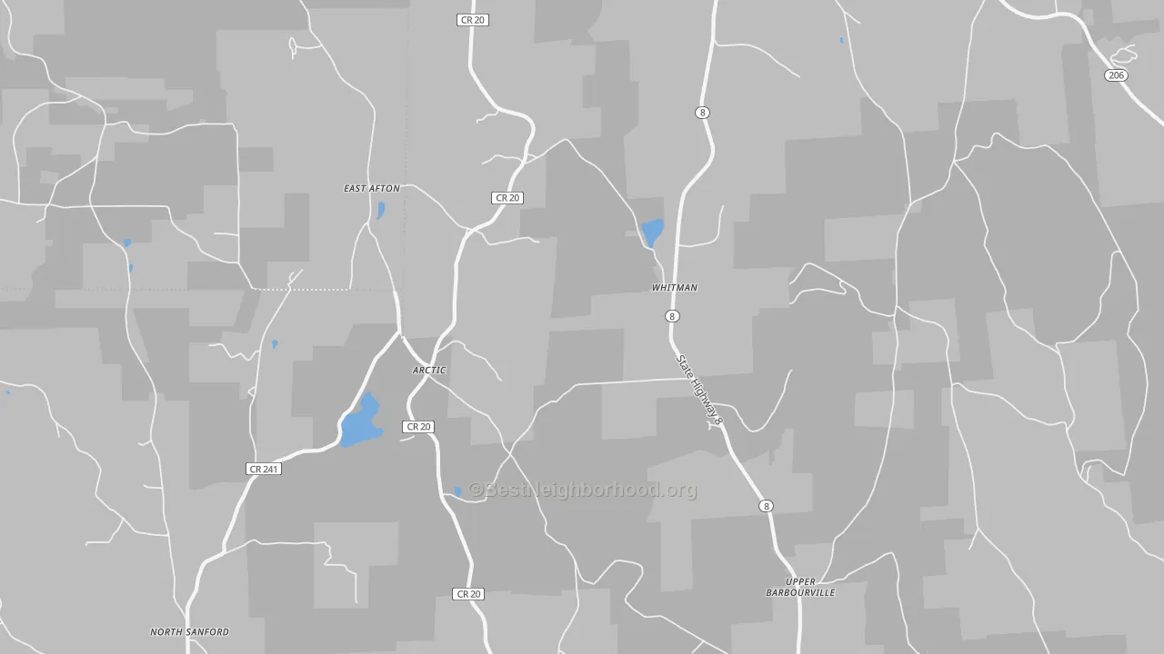 Walk Grade map of Whitman, NY, walkable areas in green and car-dependent areas in red
