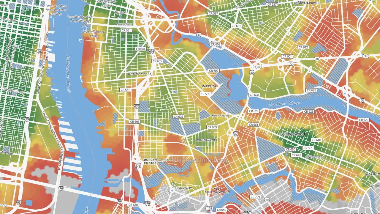 Walk Grade map of Whitman Park, Camden, NJ, walkable areas in green and car-dependent areas in red