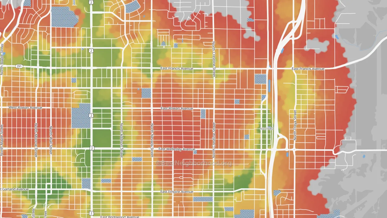 Walk Grade map of Whitman, Spokane, WA, walkable areas in green and car-dependent areas in red