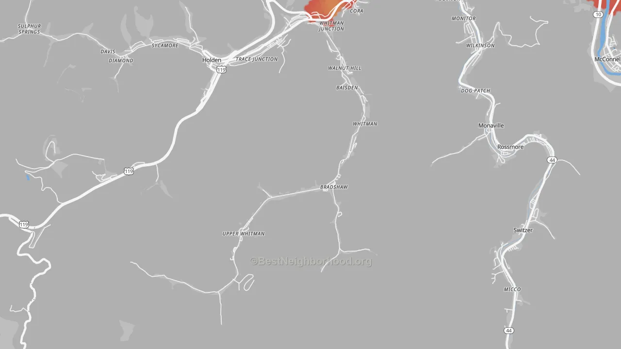 Walk Grade map of Whitman, WV, walkable areas in green and car-dependent areas in red