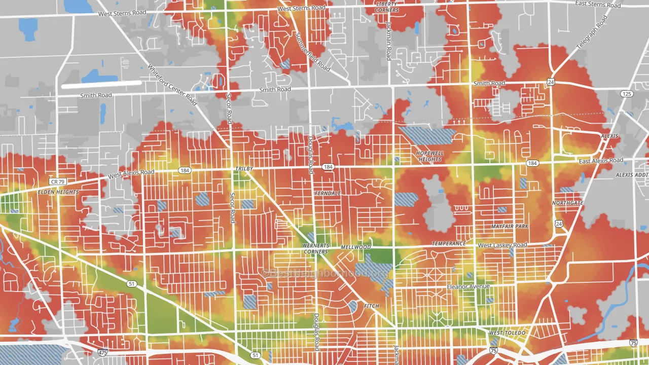 Walk Grade map of Whitmer-Trilby, Toledo, OH, walkable areas in green and car-dependent areas in red