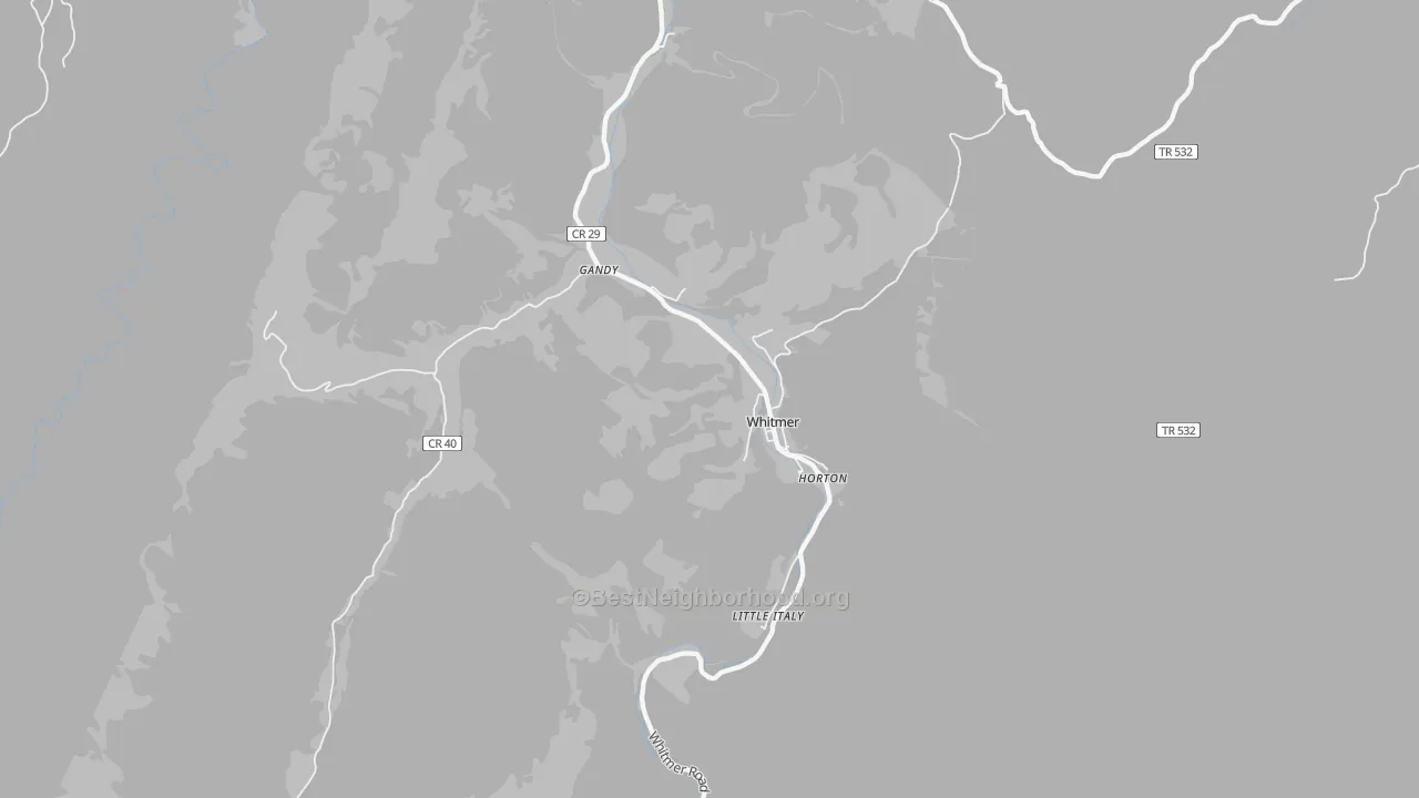 Walk Grade map of Whitmer, WV, walkable areas in green and car-dependent areas in red