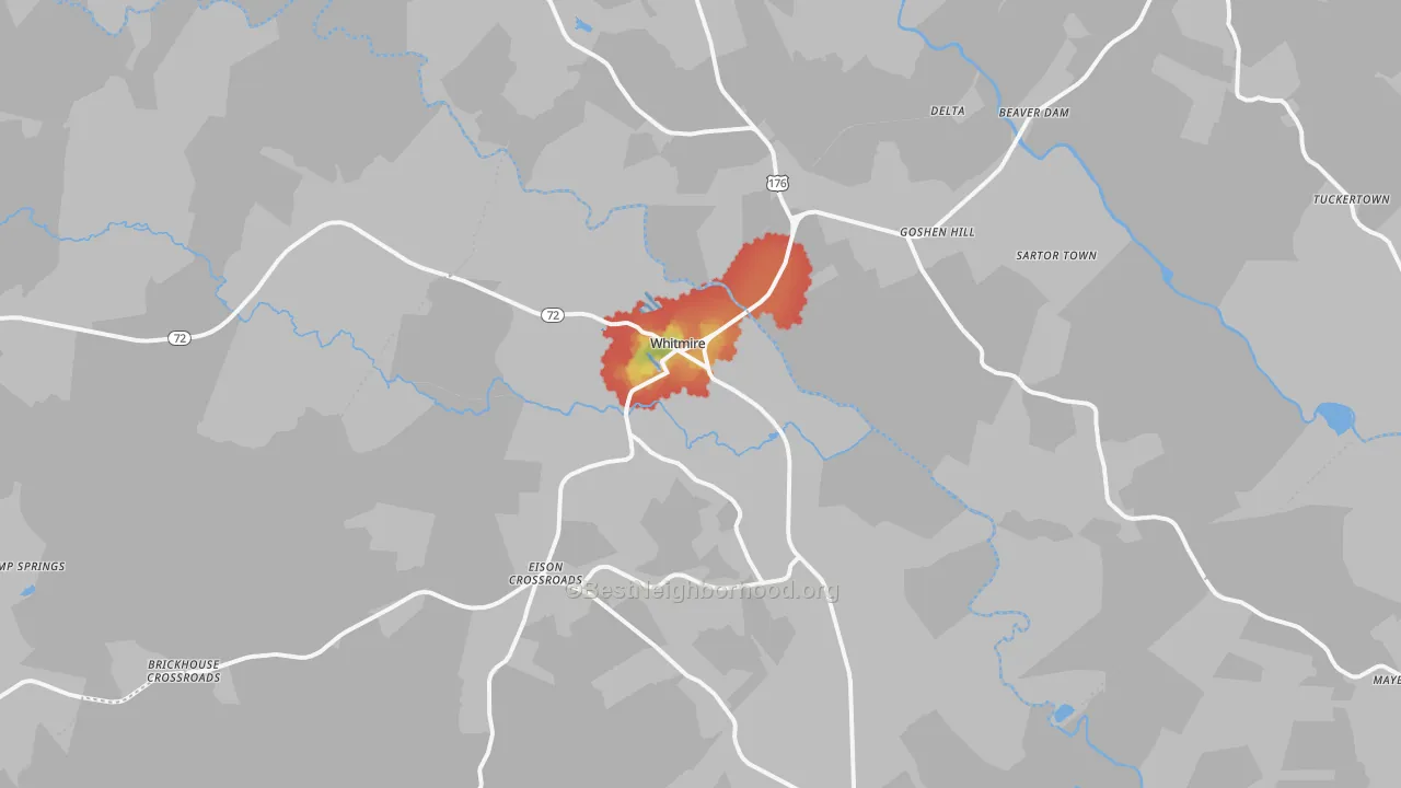 Walk Grade map of Whitmire, SC, walkable areas in green and car-dependent areas in red