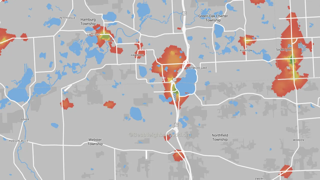 Walk Grade map of Whitmore Lake, MI, walkable areas in green and car-dependent areas in red