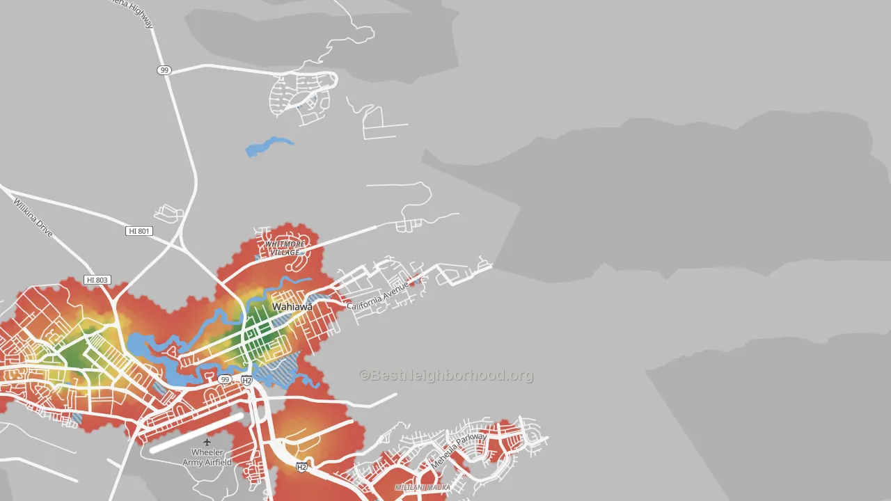 Walk Grade map of Whitmore Village, HI, walkable areas in green and car-dependent areas in red