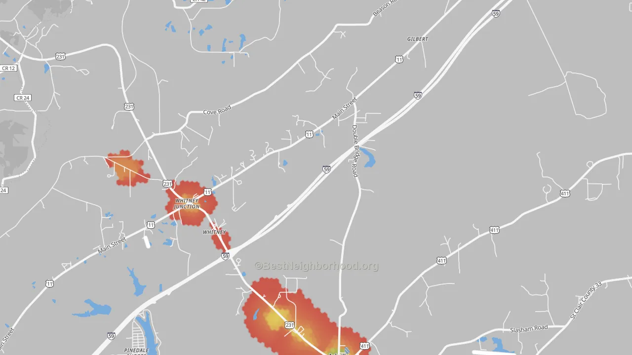 Walk Grade map of Whitney, AL, walkable areas in green and car-dependent areas in red