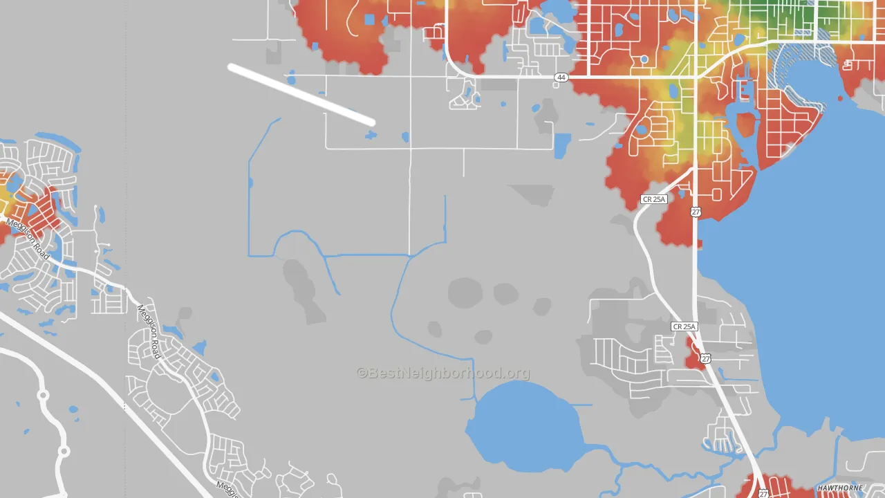 Walk Grade map of Whitney, FL, walkable areas in green and car-dependent areas in red