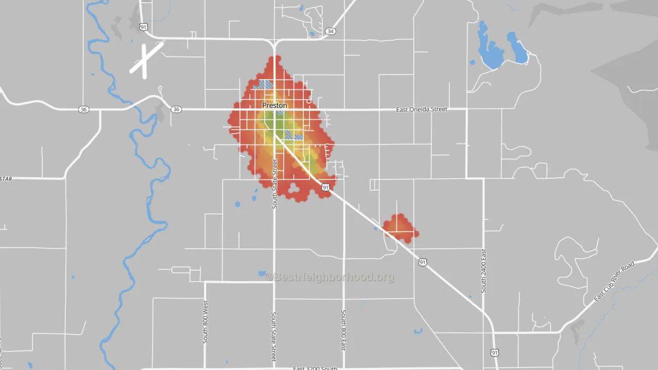 Walk Grade map of Whitney, ID, walkable areas in green and car-dependent areas in red