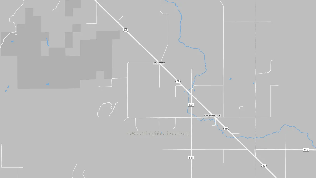 Walk Grade map of Whitney, MI, walkable areas in green and car-dependent areas in red