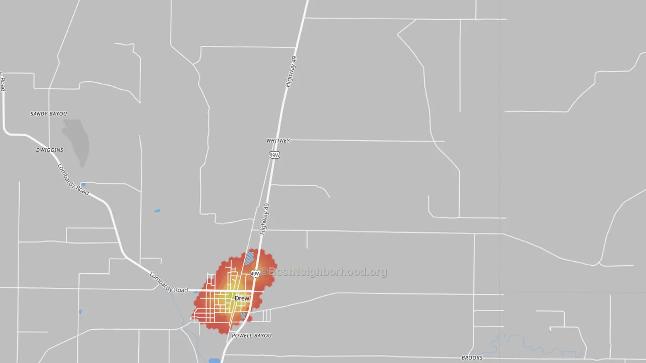 Walk Grade map of Whitney, MS, walkable areas in green and car-dependent areas in red