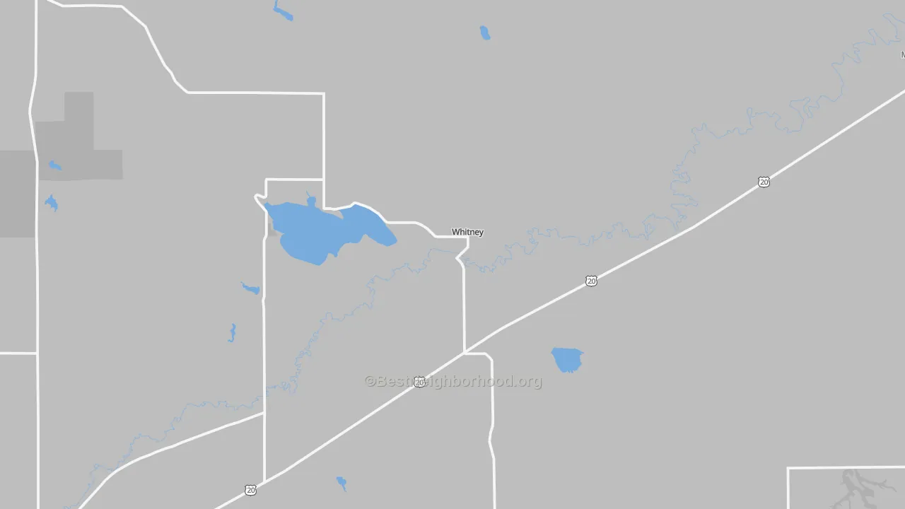 Walk Grade map of Whitney, NE, walkable areas in green and car-dependent areas in red