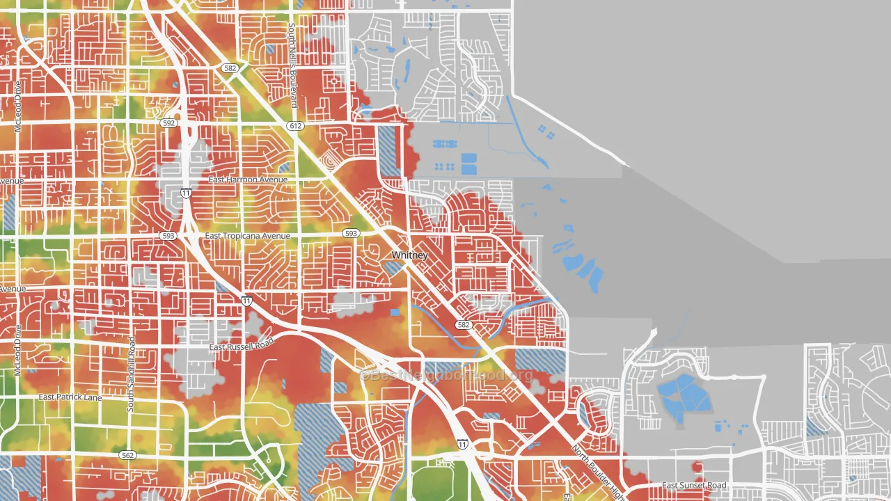 Walk Grade map of Whitney, NV, walkable areas in green and car-dependent areas in red