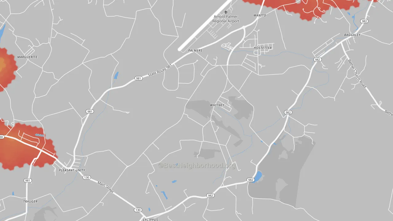Walk Grade map of Whitney, PA, walkable areas in green and car-dependent areas in red